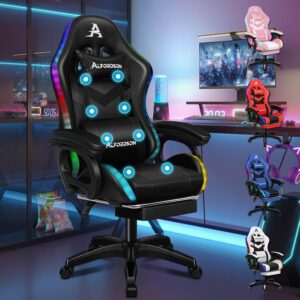 ALFORDSON Gaming Stuhl mit LED-Beleuchtung, Massagefunktion, Fußstütze, PU-Leder, Schwarz