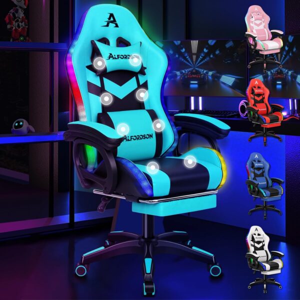 ALFORDSON Gamingstuhl mit Massage & RGB-Beleuchtung, Fußstütze, Cyan