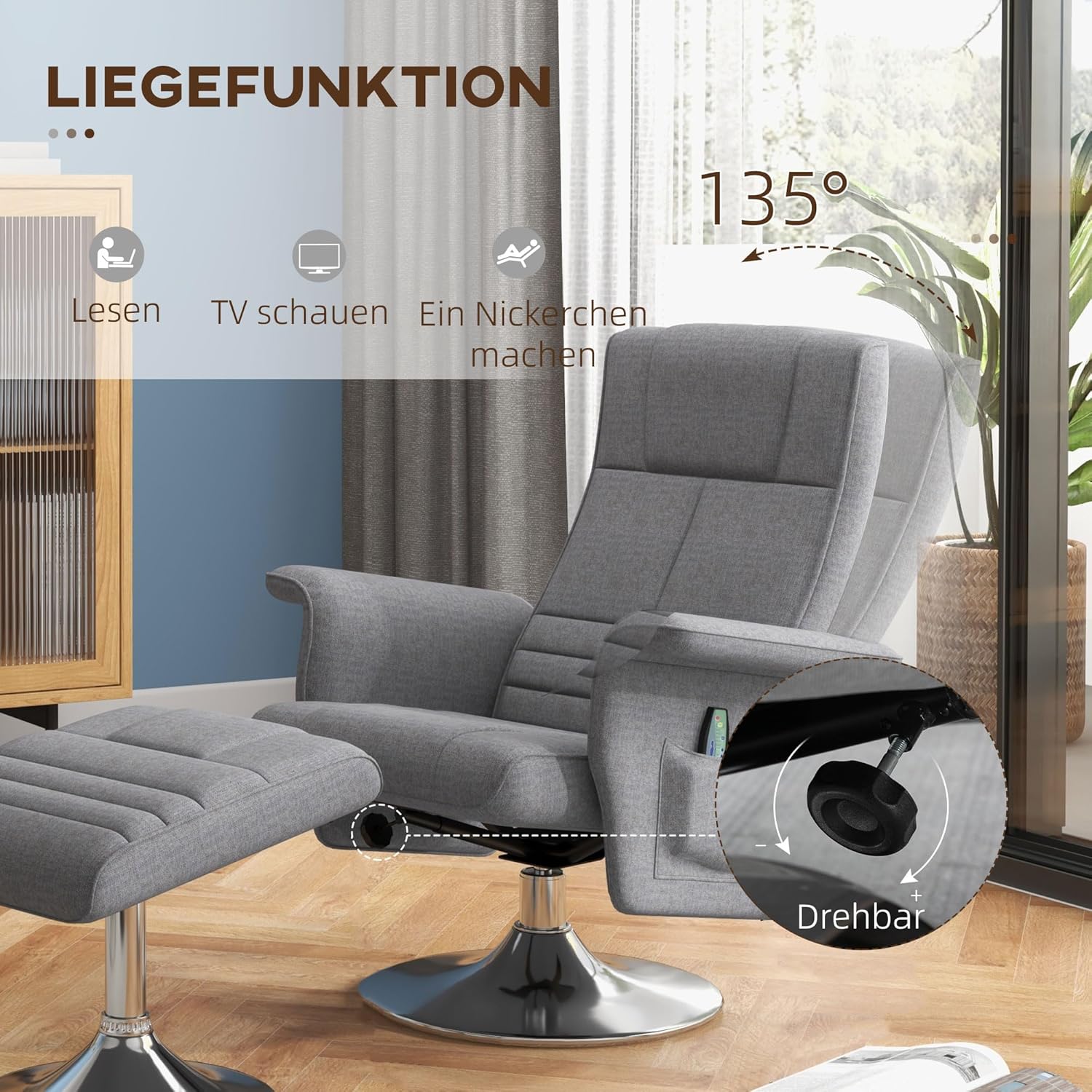 HOMCOM Relaxsessel mit Massage, 360° drehbar, Vibrationsfunktion, verstellbar