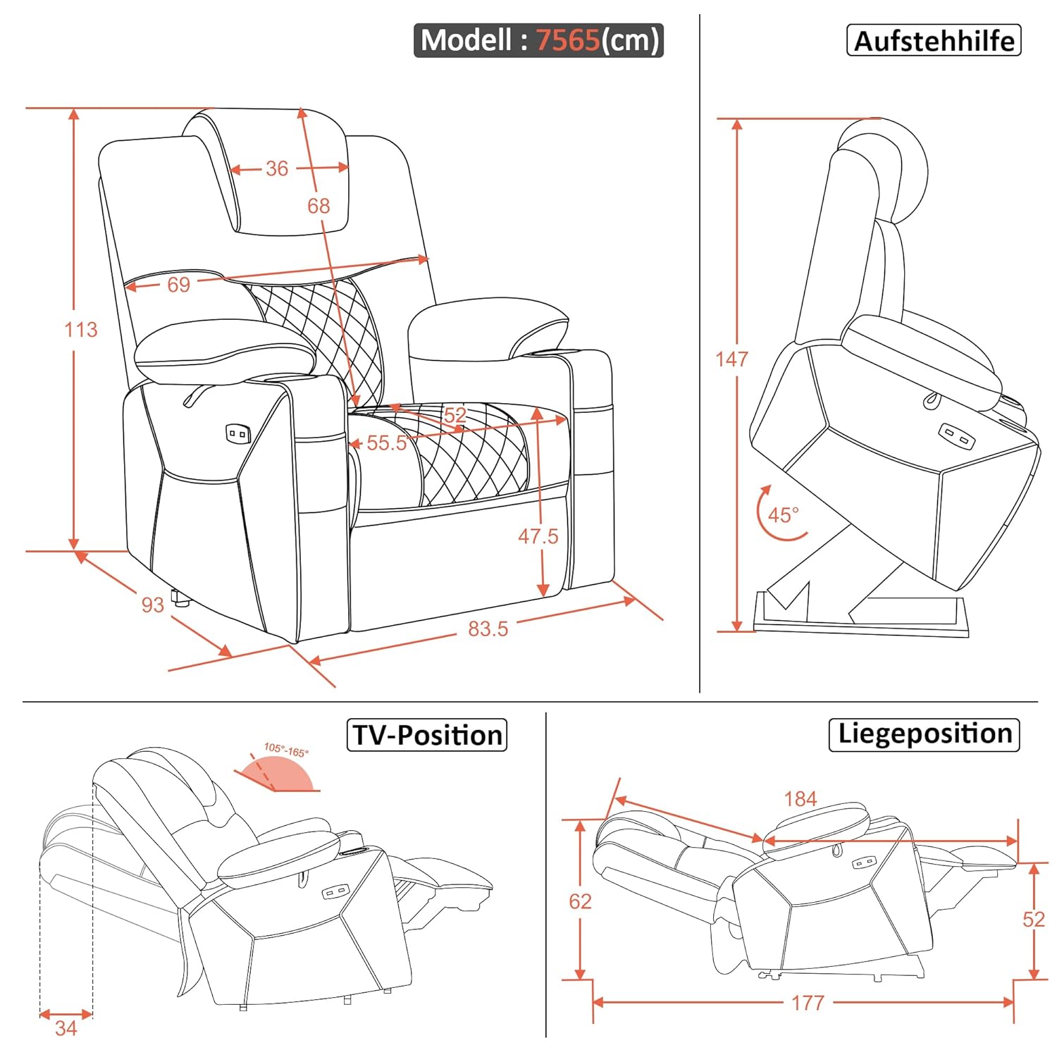 M MCombo 7565 TV-Sessel mit elektrischer Aufstehhilfe, Massage & Wärme (Mikrofaser Dunkelgrau)