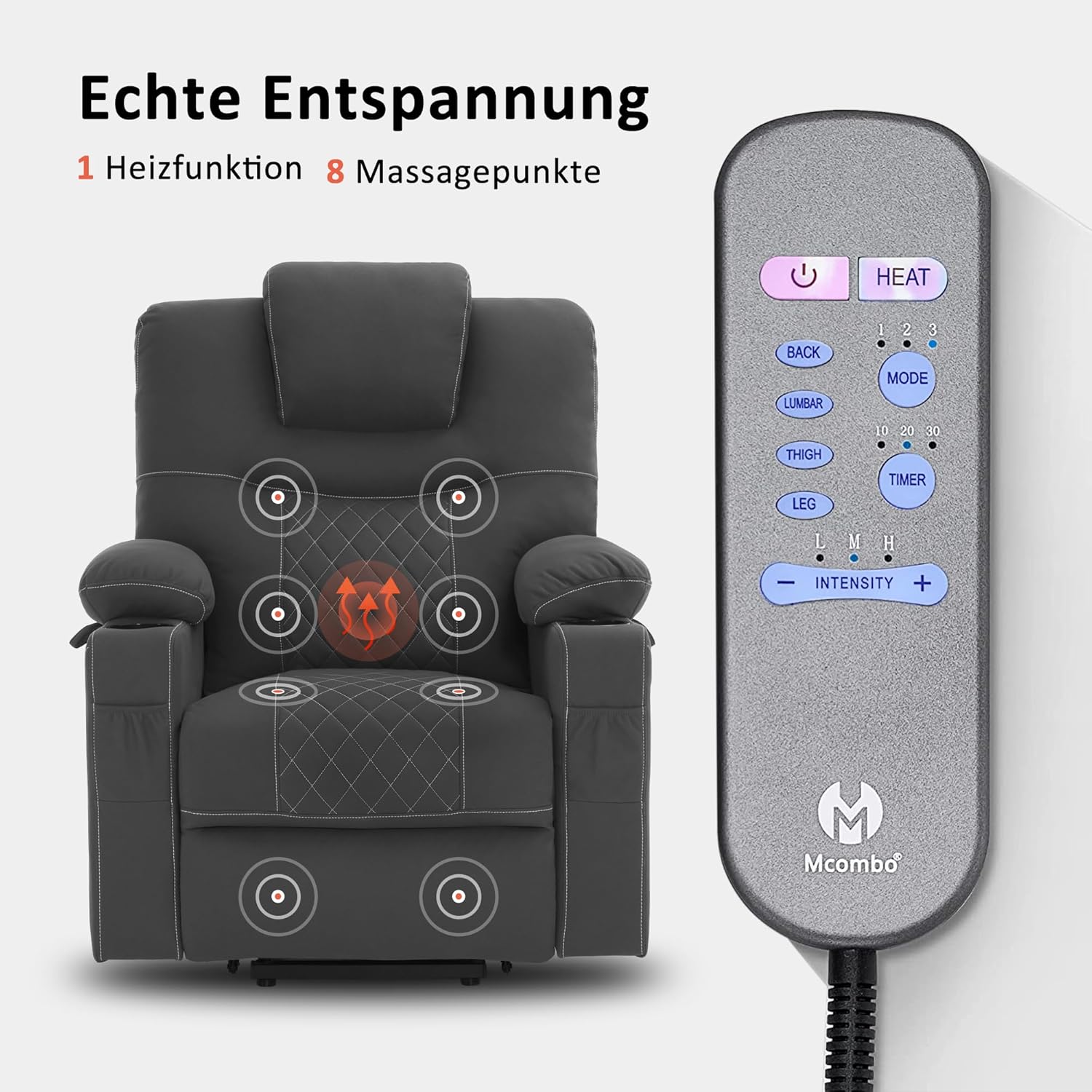 M MCombo 7565 TV-Sessel mit elektrischer Aufstehhilfe, Massage & Wärme (Mikrofaser Dunkelgrau)