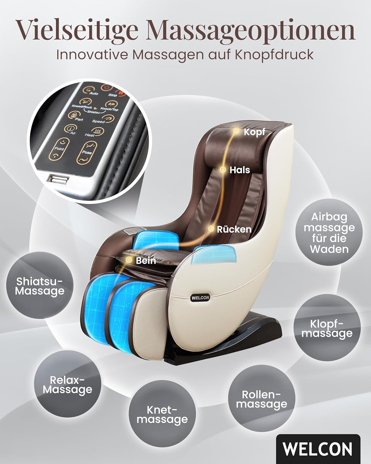 Welcon Massage-Sessel mit Wärme, Knet- und Luftdruckmassage, Automatikprogramme - Beige/Braun