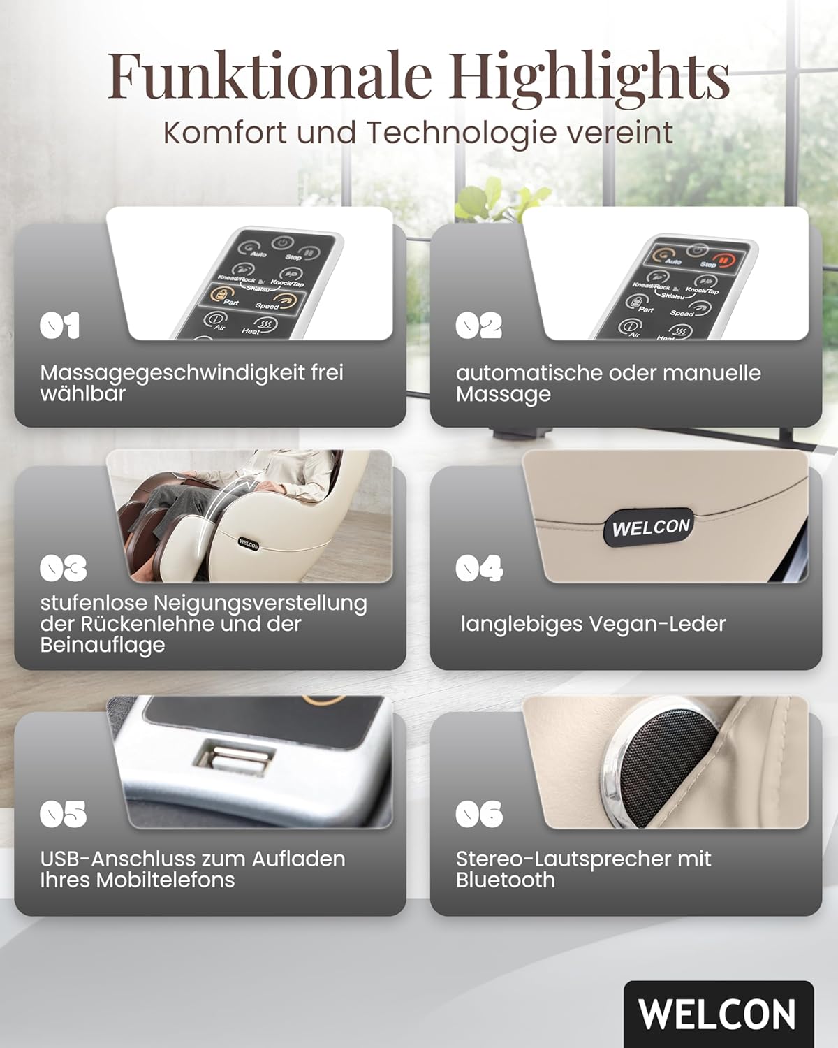 Welcon Massage-Sessel mit Wärme, Knet- und Luftdruckmassage, Automatikprogramme - Beige/Braun