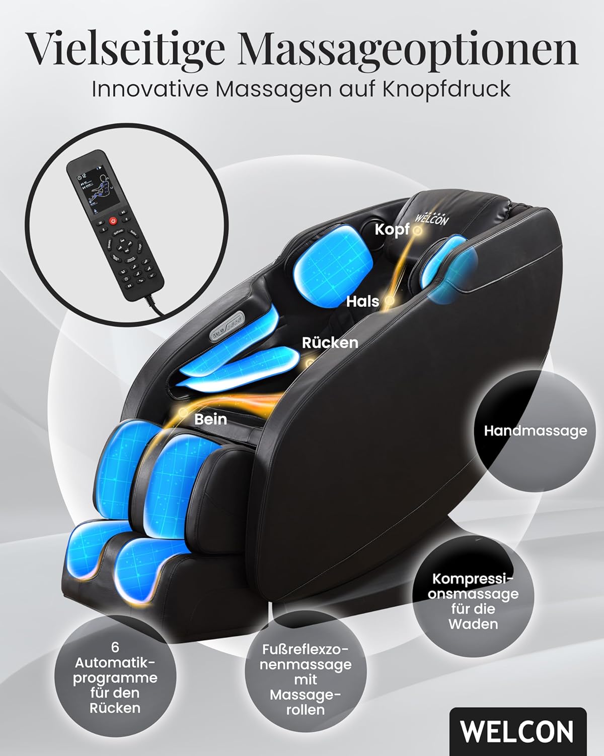 WELCON Prestige II Massagestuhl Schwarz – 3D-Massage, Zero Gravity, Wärme, 6 Programme